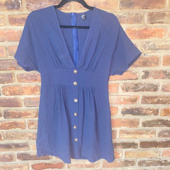 Shein Navy Blue Short Sleeve V-Neck Button Down Mini Dress Women's Size Medium - Picture 1 of 6